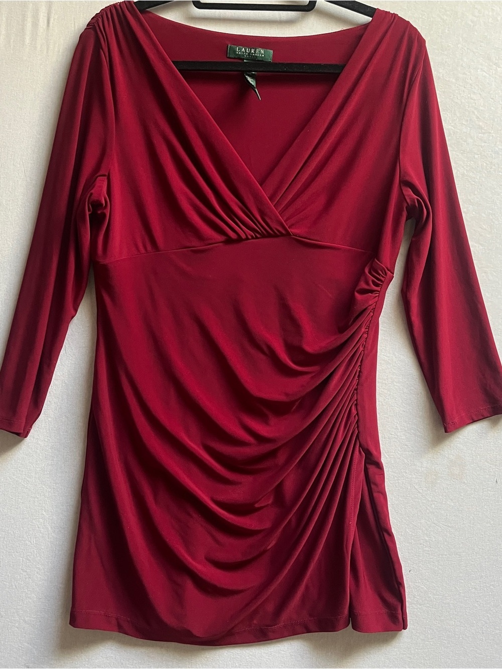 Lauren Ralph Lauren Ruched V Neck Jersey Tunic Top 14 Surplice Burgundy Wine Red